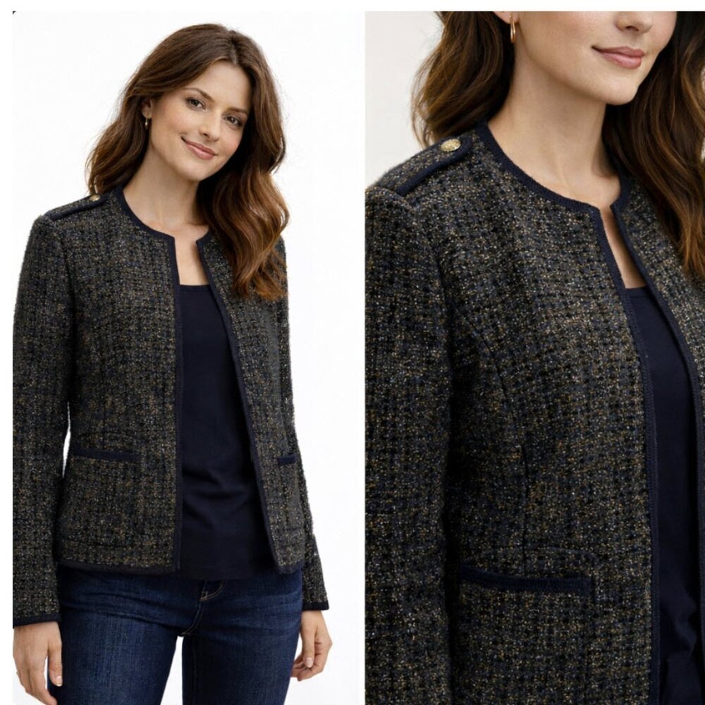 Talbots Luxe Italian Knit Metallic Tweed Blazer Open Front 16P Navy NWT